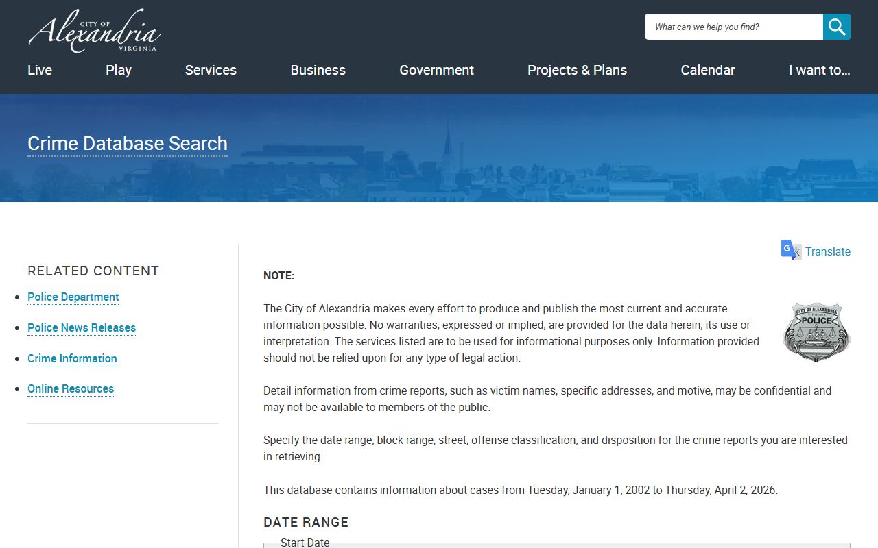 Alexandria released inmates crime database search