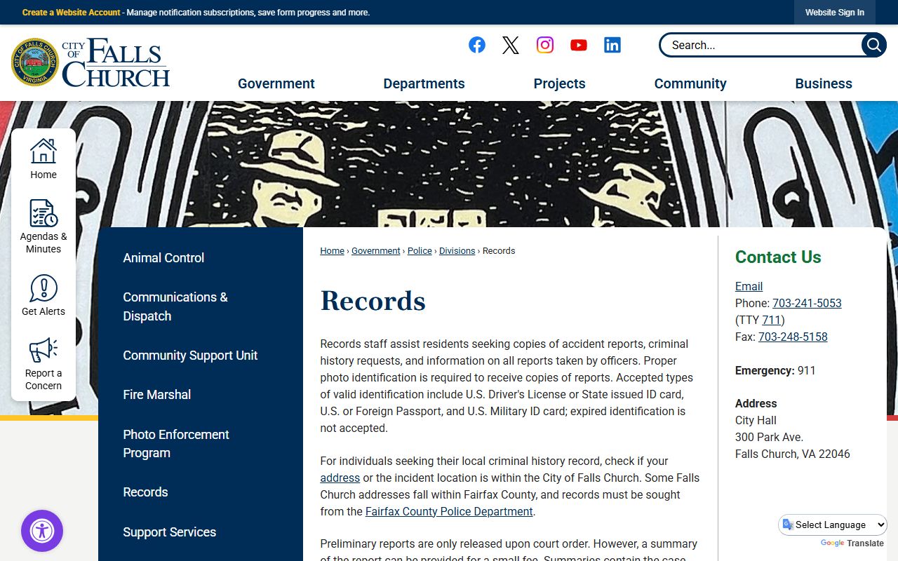 Falls Church released inmates police records page