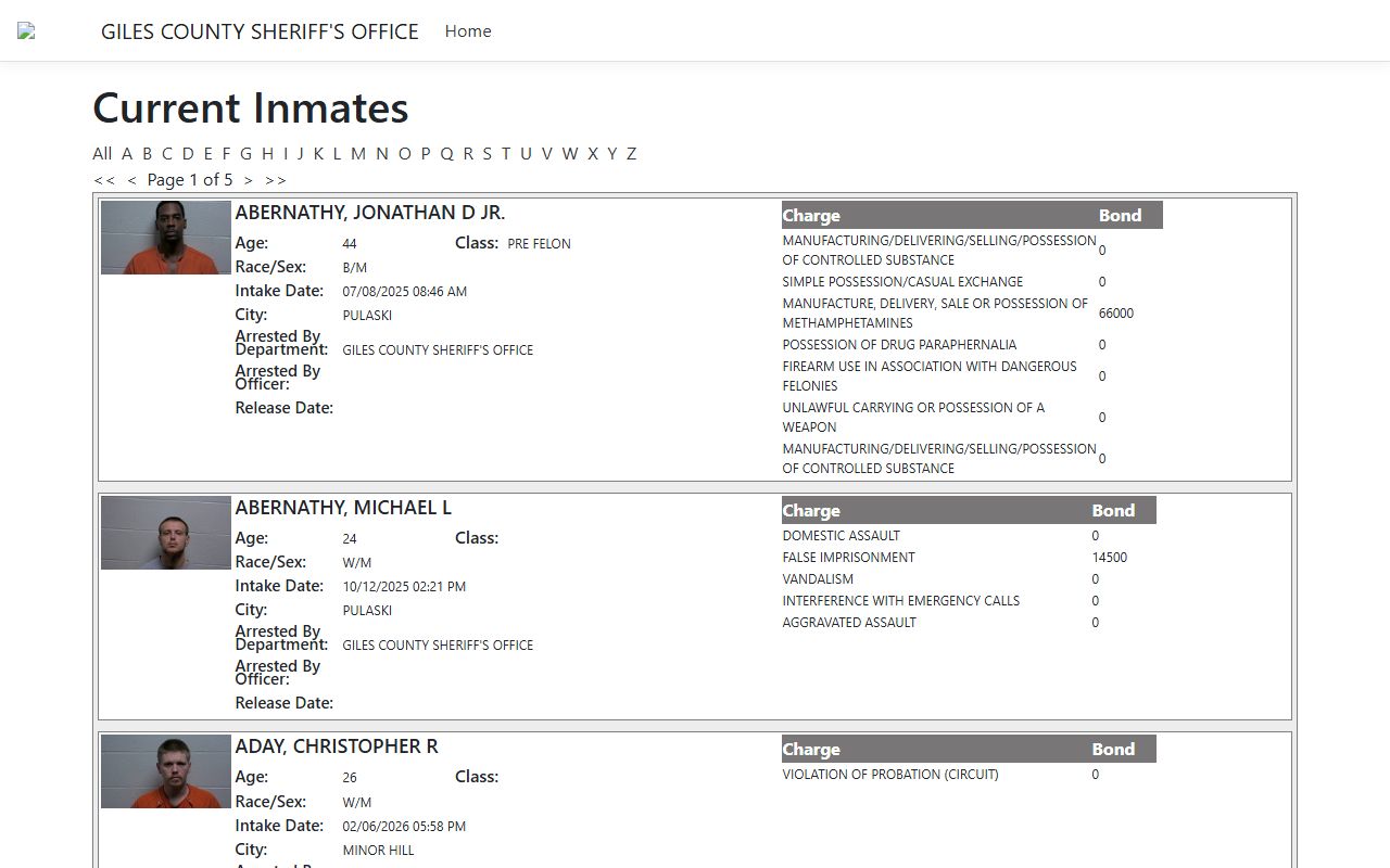 Giles County released inmates jail portal