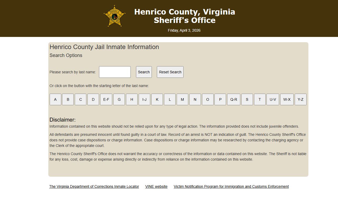 Henrico County released inmates Sheriff Inmate Search page