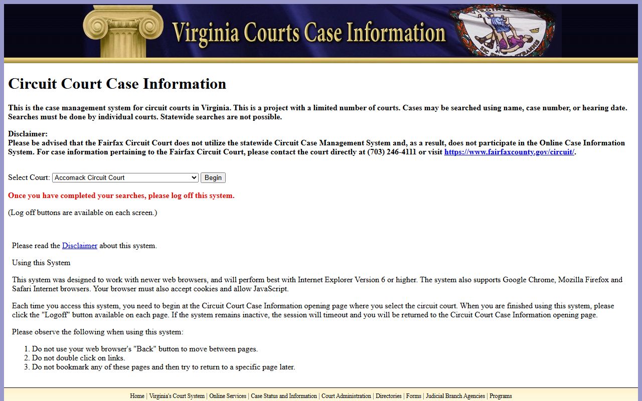 Virginia released inmates Circuit Court case search portal