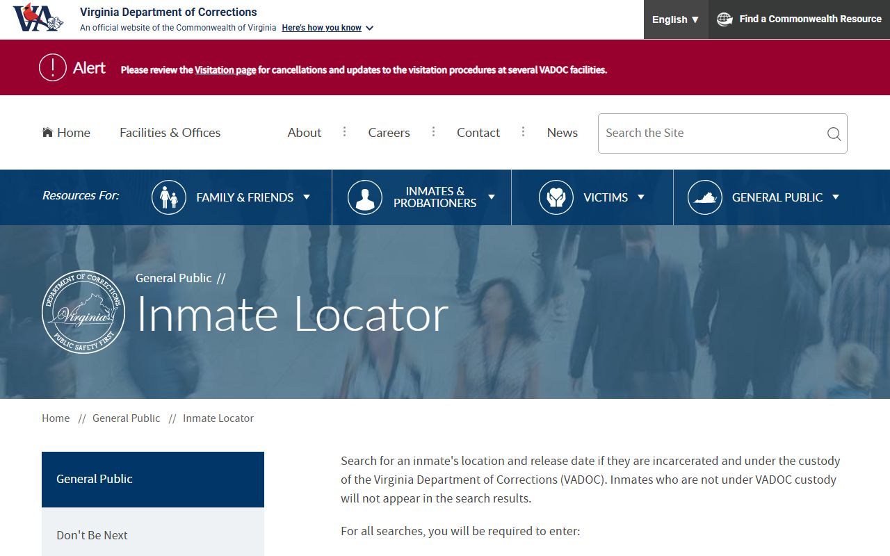 Virginia released inmates VADOC offender locator search page