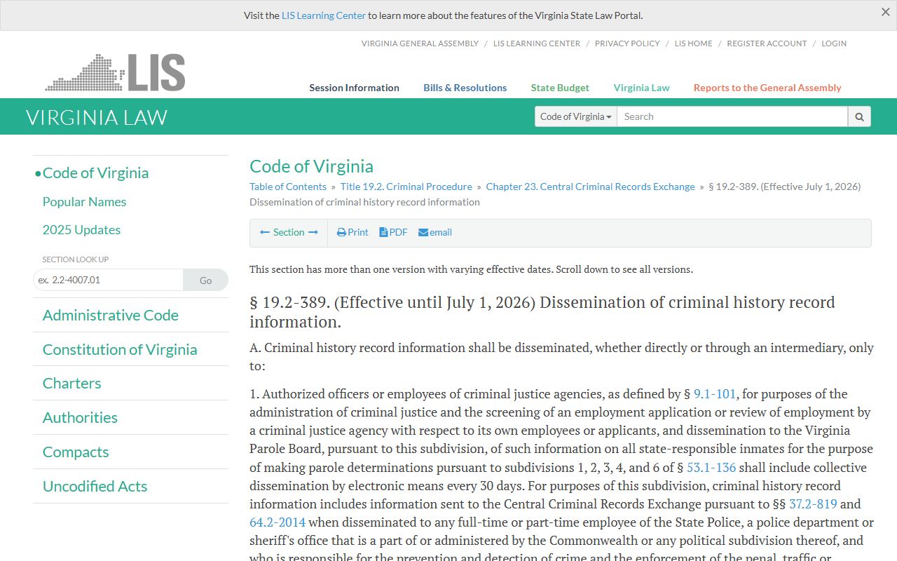 Virginia released inmates criminal history dissemination statute