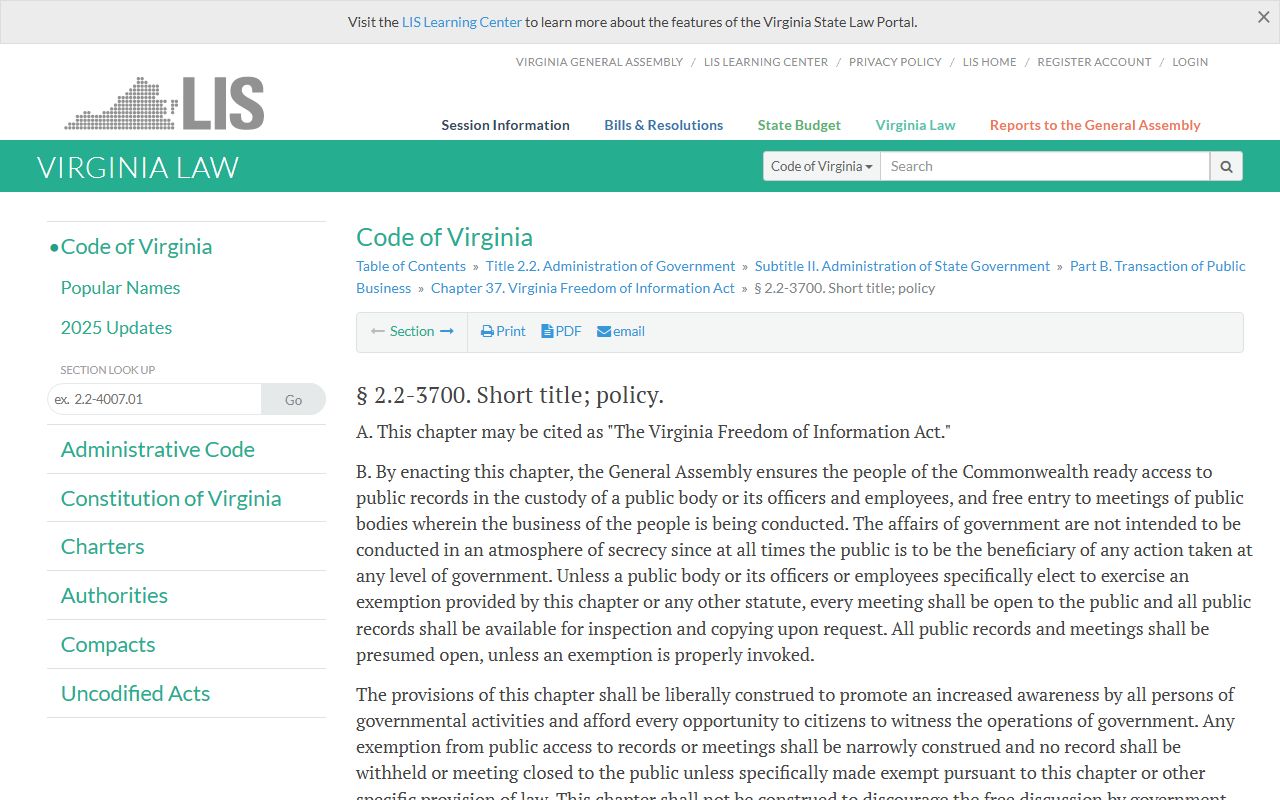 Virginia released inmates FOIA statute purpose page