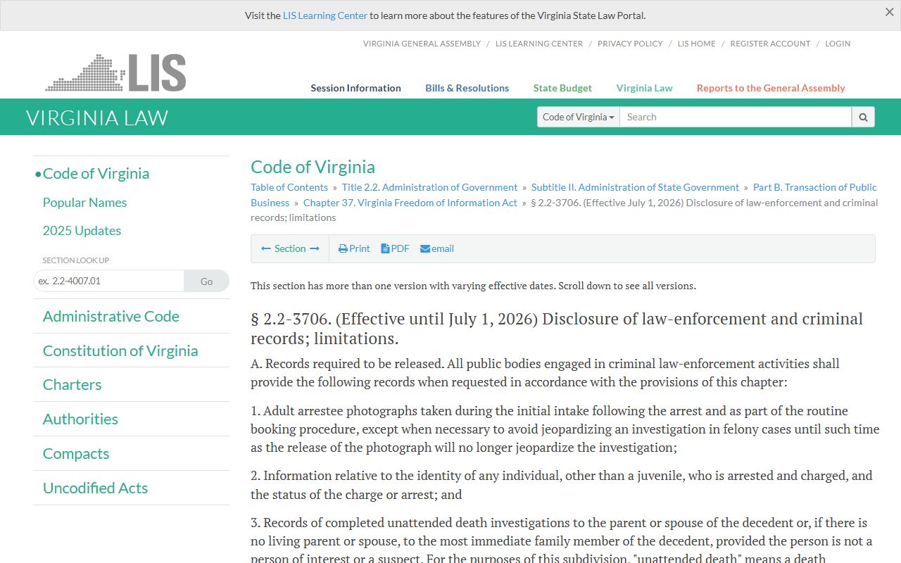 Virginia released inmates law enforcement records statute