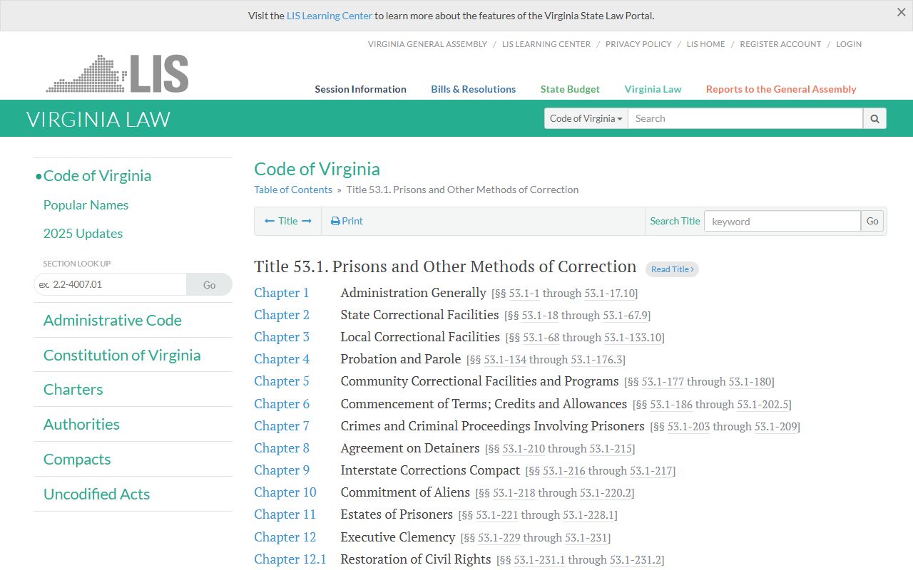 Virginia released inmates Code Title 53.1 prisons statute